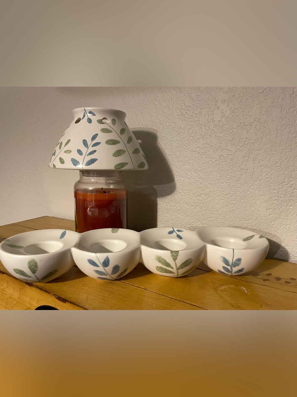 NWT White Ceramic Leaf-Print Tealight Candle Holder Jar Shade Set SERENITY